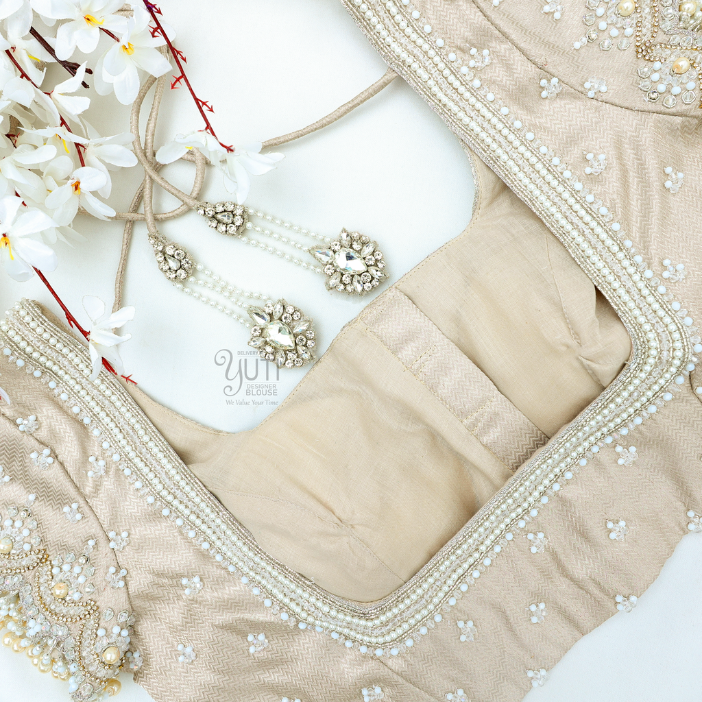 Beige Pearl and Crystal Blouse with scallop Stitching