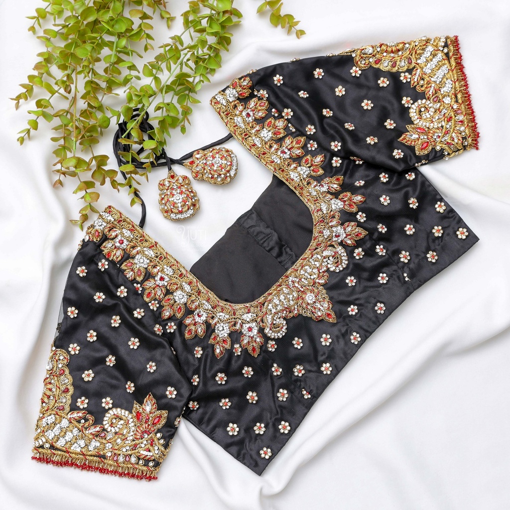 Black shade bridal blouse with a golden Embroidery work Stitching