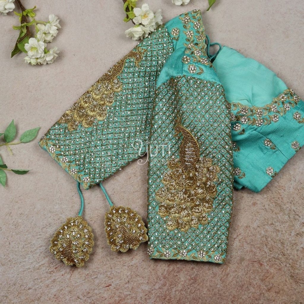 Blue Checks Peacock Design Stitching