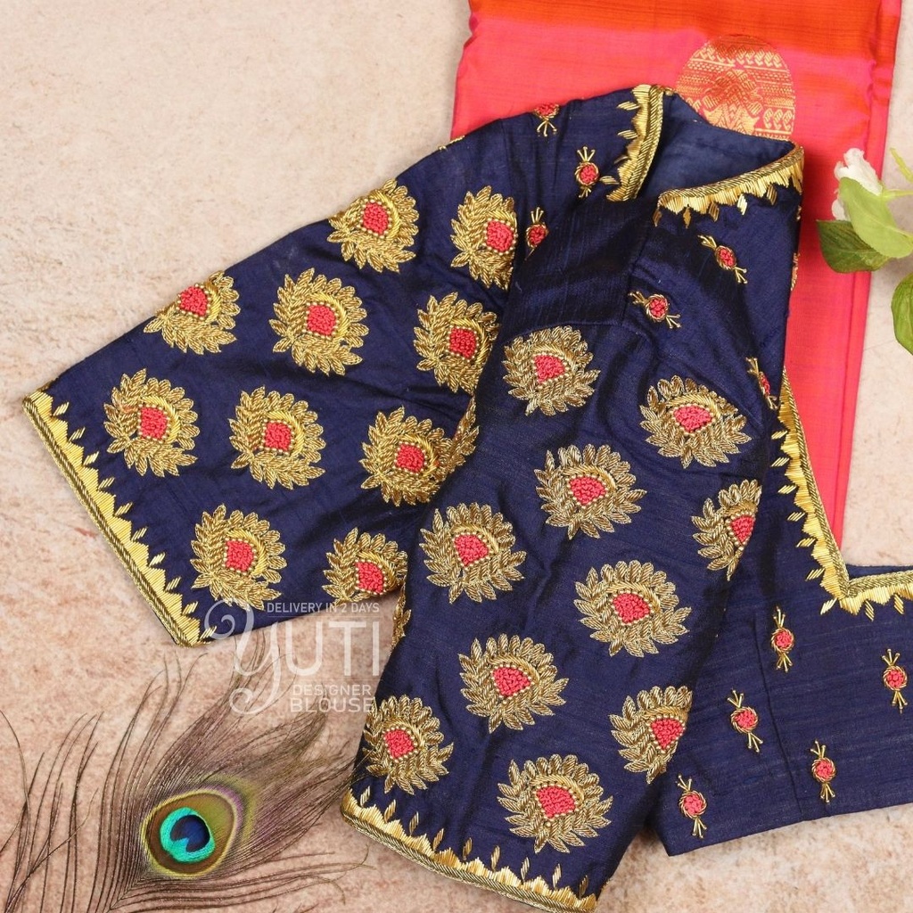 Blue Floral Motif Zardosi Design Stitching