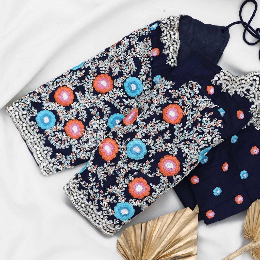 Blue Floral Thread Design Stitching