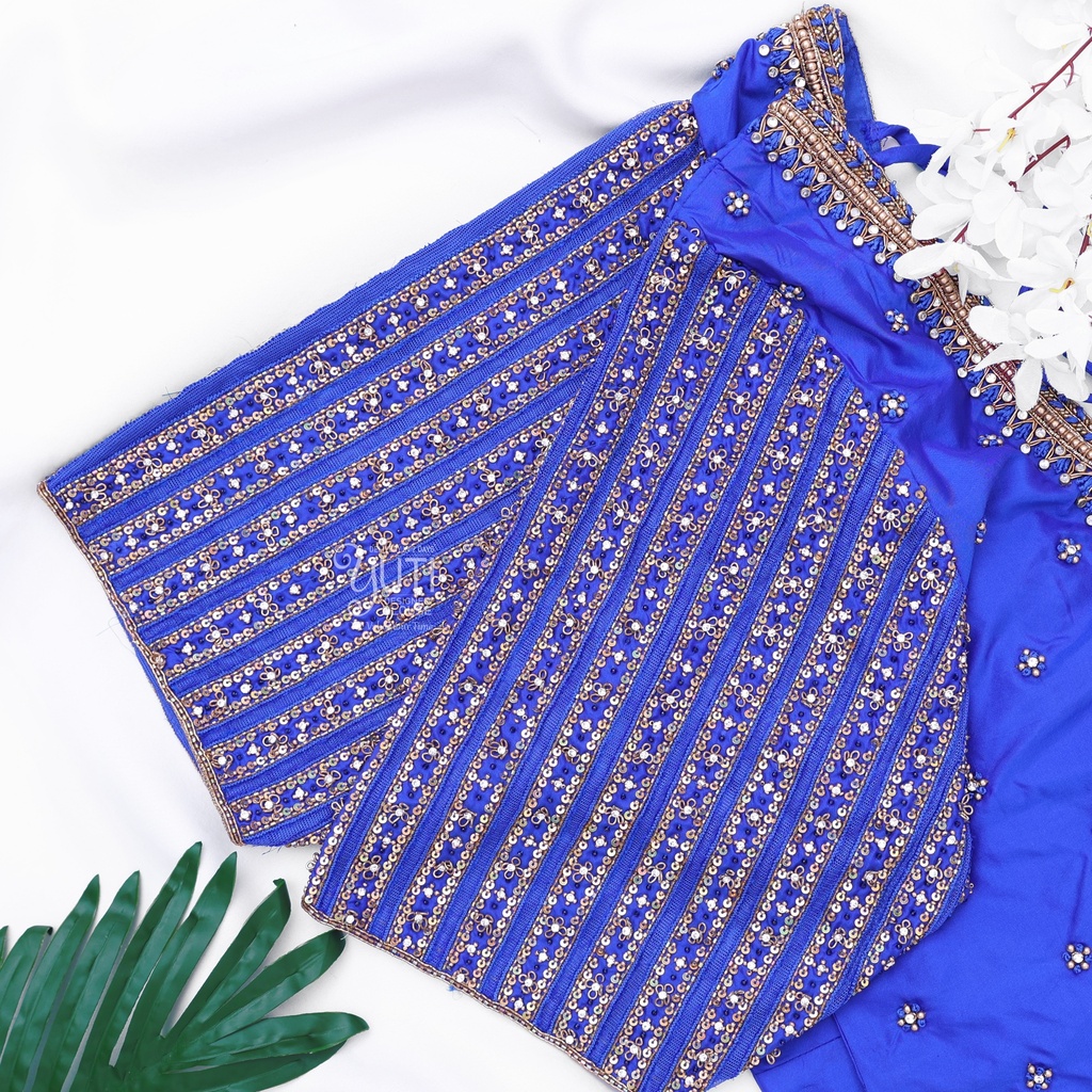 Blue Stripes with cutwork Design Stitching