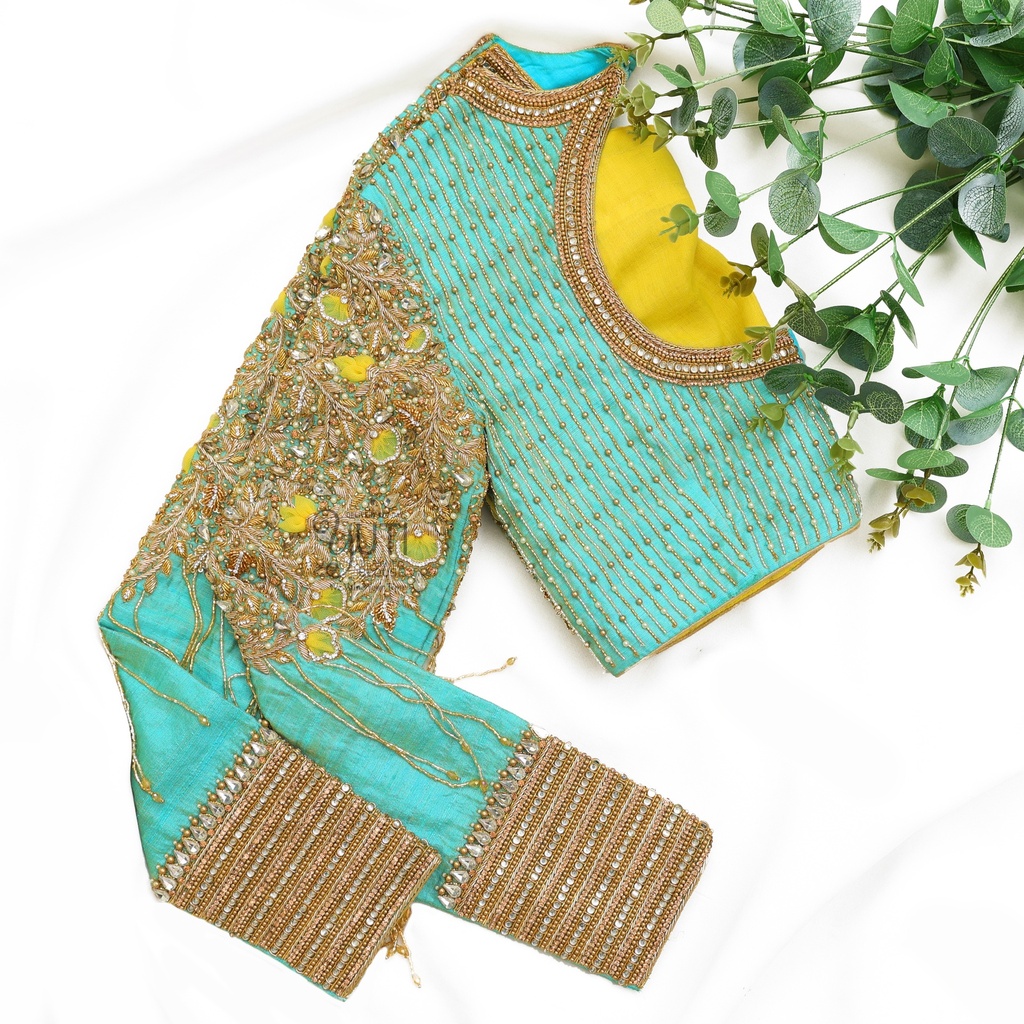 Blue and Yellow Kundan work bridal blouse Stitching