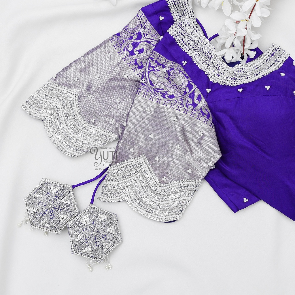 Blue with Pearl And Sequence Blouse Stitching