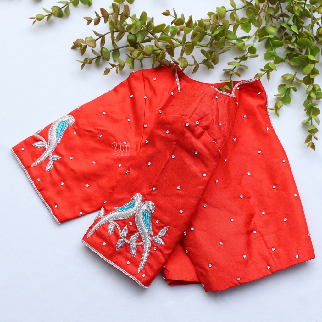 Bold and beautiful coral red embroidery blouse Stitching
