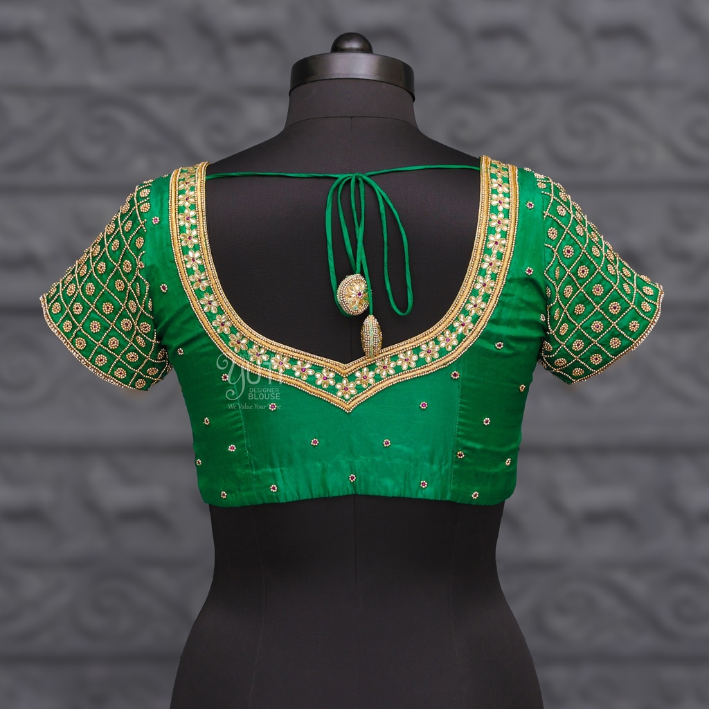 Bridal Green Aari Work Blouse Designs |  SIZE 32 (adjustable up to 28- 34) Stitching