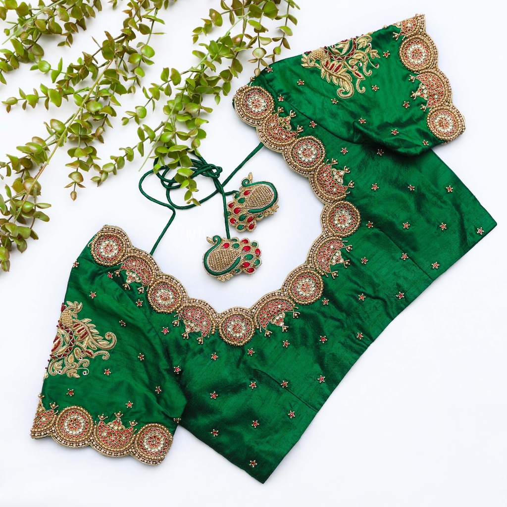 Bridal green blouse with a pair of gold embroidery work Stitching