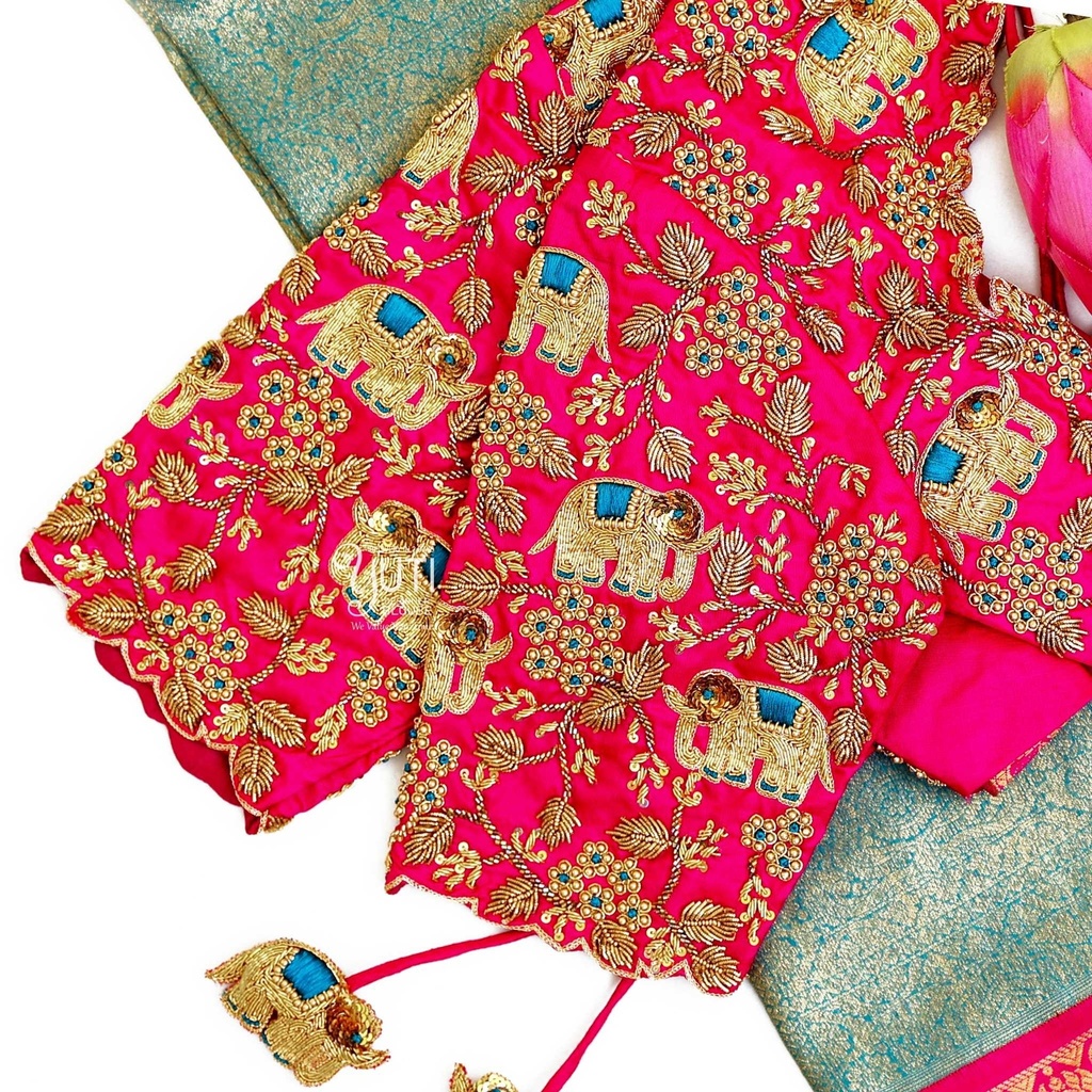 Coral pink creeped elephant bridal blouse Stitching