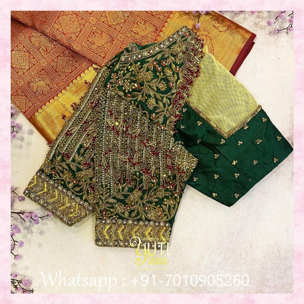 Dark Green Floral with Hanging Design Stitching