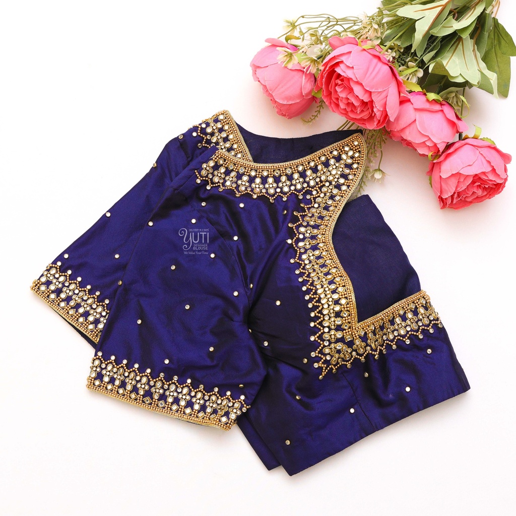 Dark Slate Blue embroidery blouse Stitching