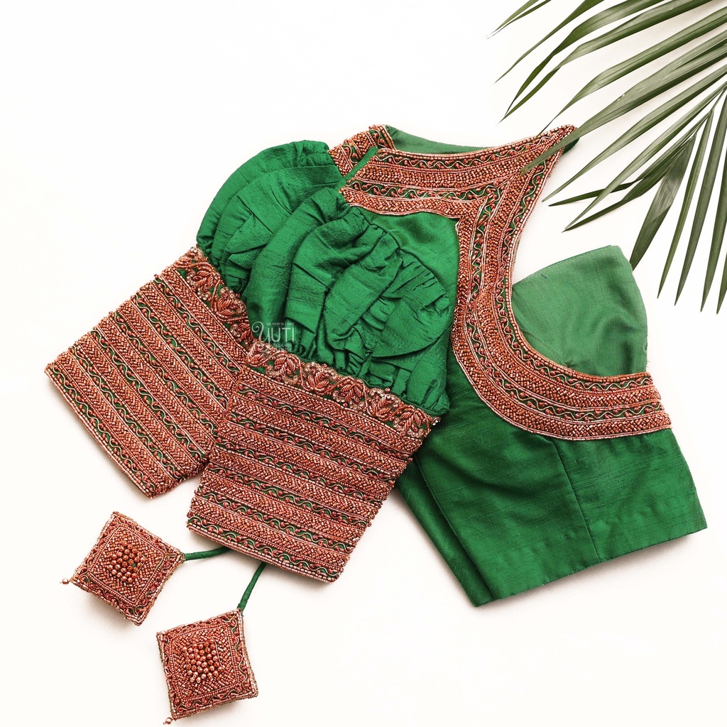 Dark Spring Green embroidery blouse Stitching