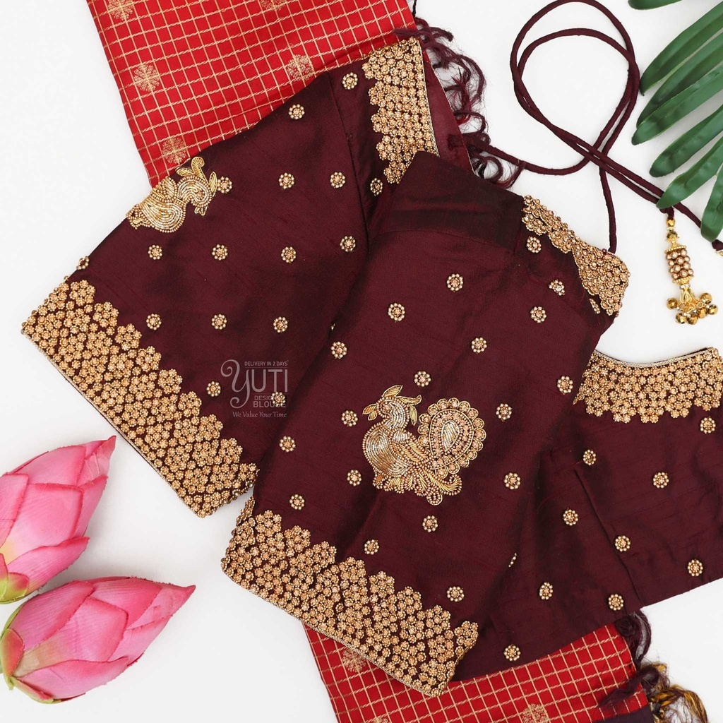 Dark brown peacock motif bridal blouse Stitching