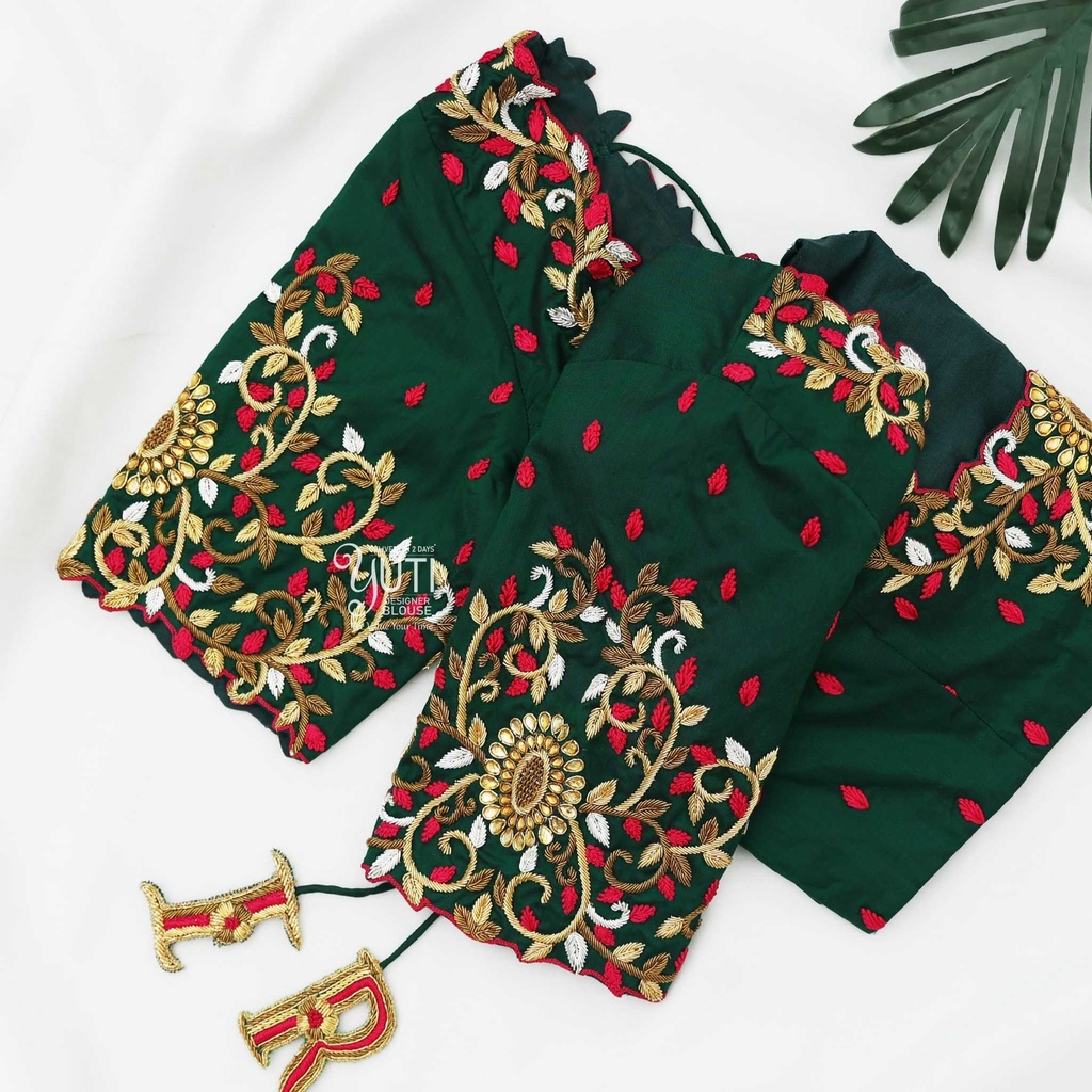 Dark green blouse contrast floral Stitching