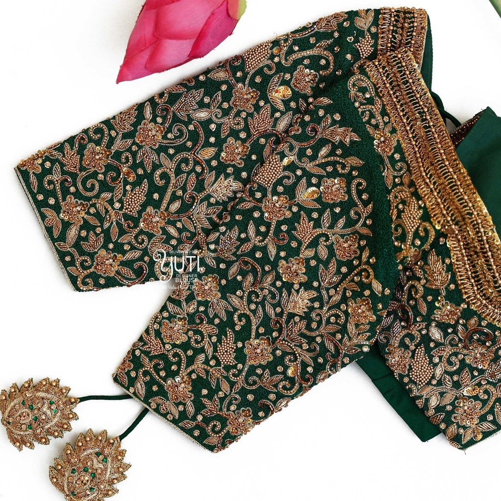 Dark green creeped floral bridal blouse Stitching
