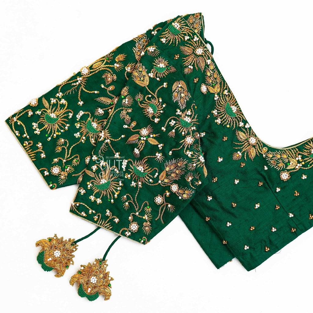 Dark green creeped motif bridal blouse Stitching