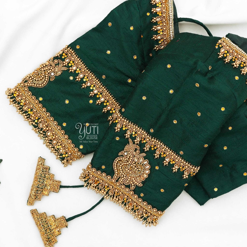 Dark green kundan,hangings design Stitching