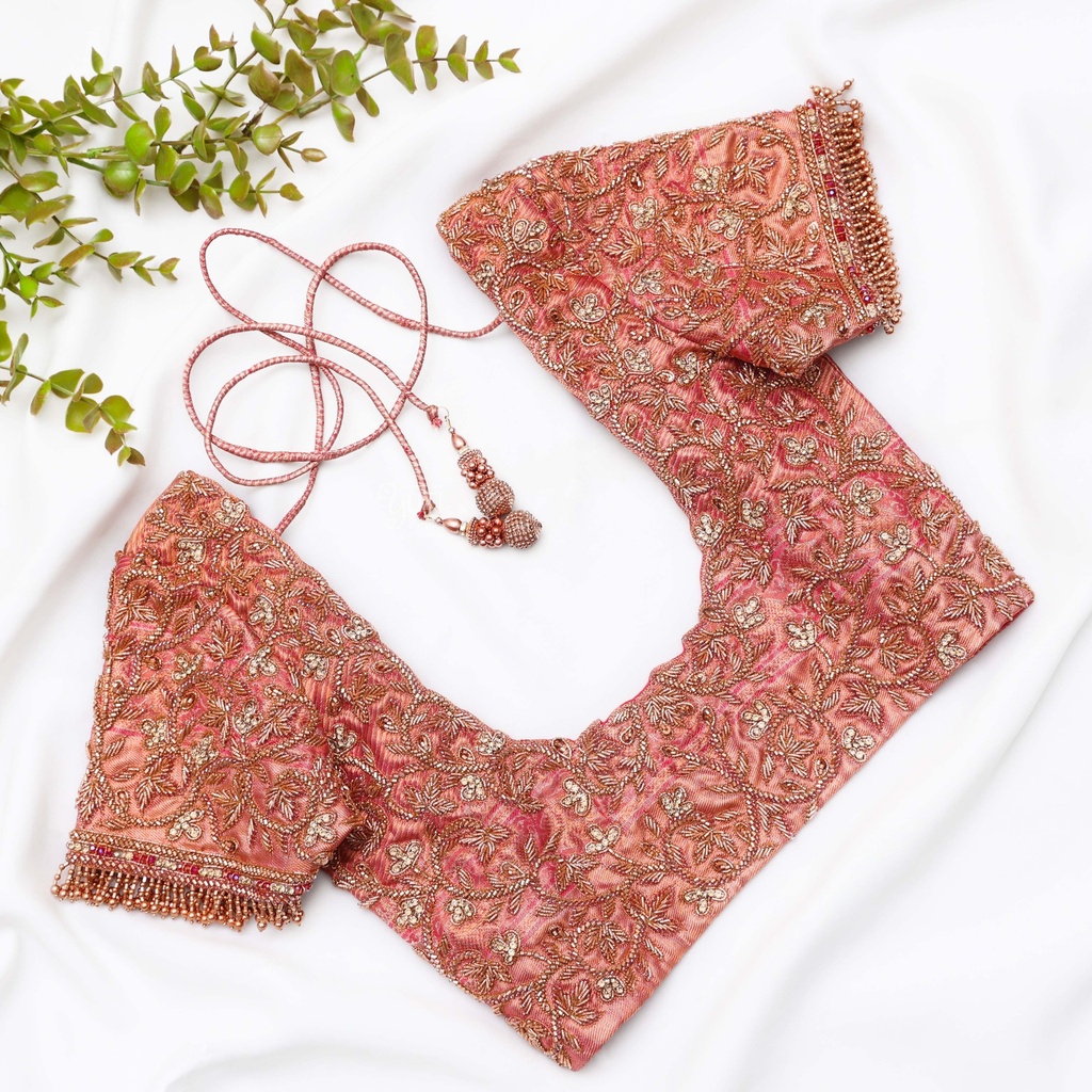 Elegance with our exquisite Vivid Auburn embroidery bridal blouse. Stitching