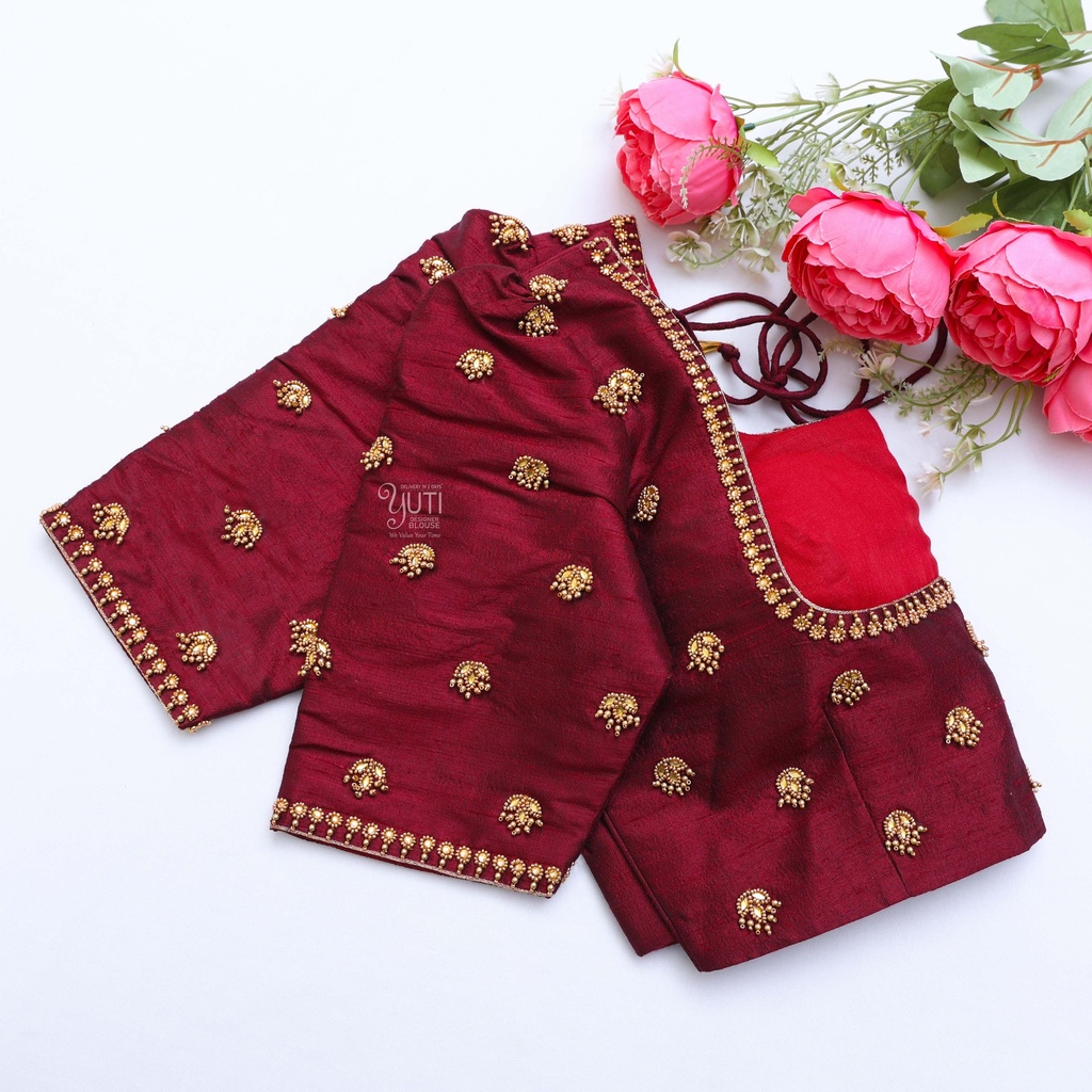 Elegant and chic in this wine red embroidery blouse Stitching