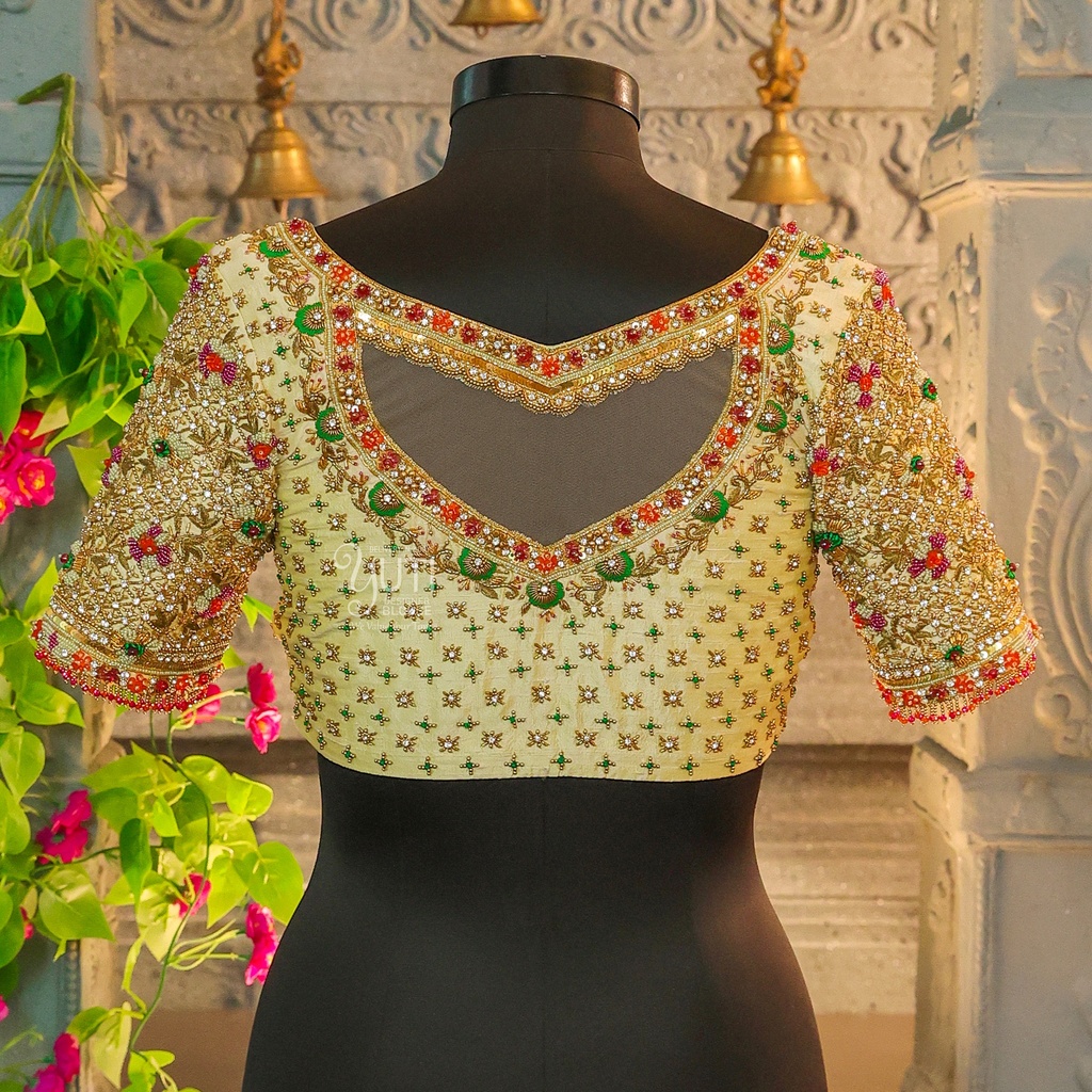 Elevate your bridal ensemble with Sandel's open net back embroidery bridal blouse Stitching