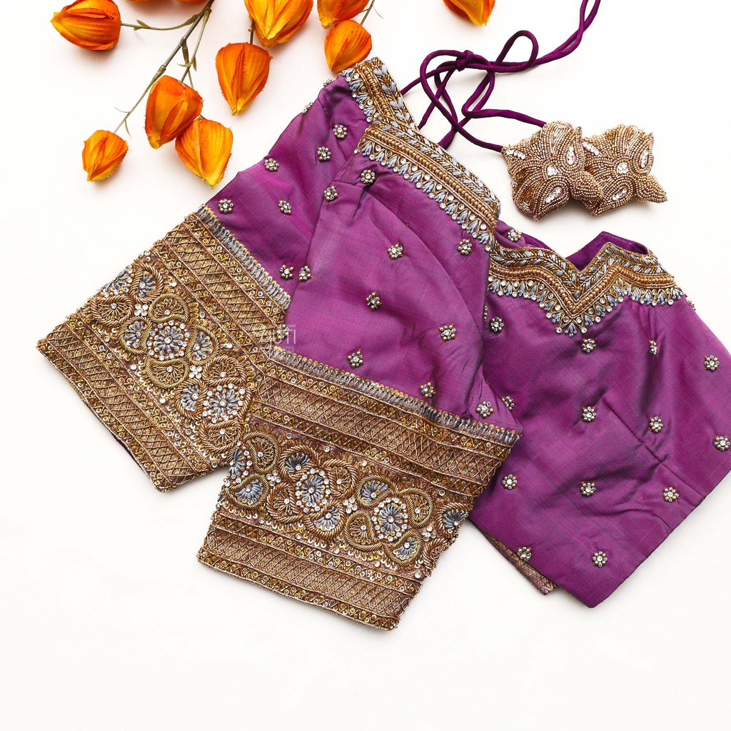 Elevate your style with our elegant Warm Purple embroidery blouse. Stitching