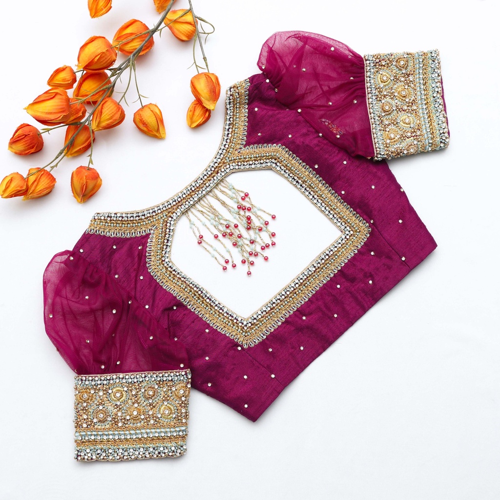 Exquisite Dark Raspberry Aari Bridal Blouse: Stitching