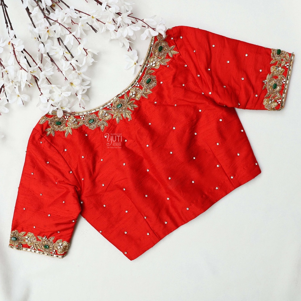 Exquisite open neck bridal blouses with stunning orange color embroidery Stitching