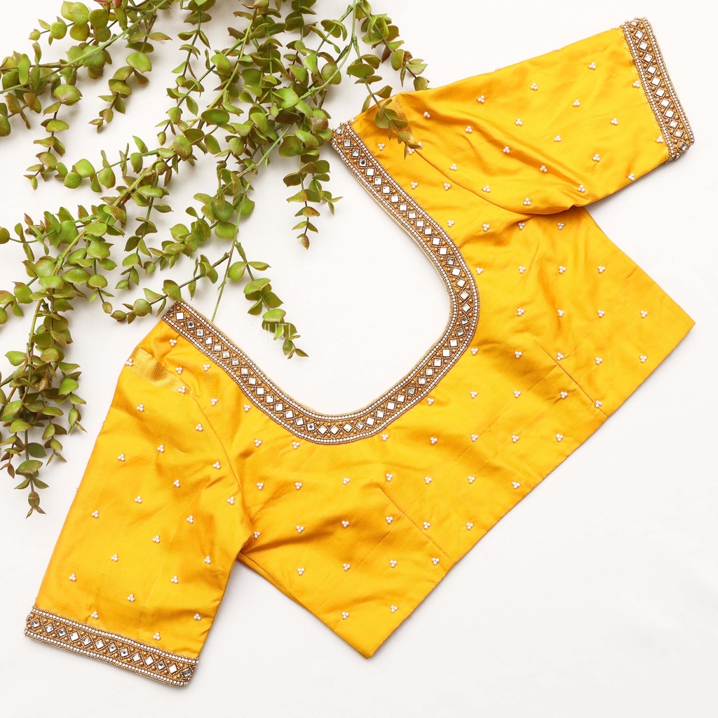Exquisite yellow color bridal embroidery blouse Stitching