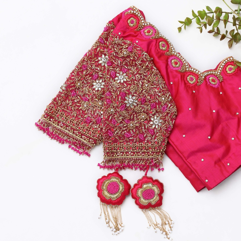 Fall in love with the timeless elegance of this stunning Dark Pink embroidery bridal blouse! Stitching