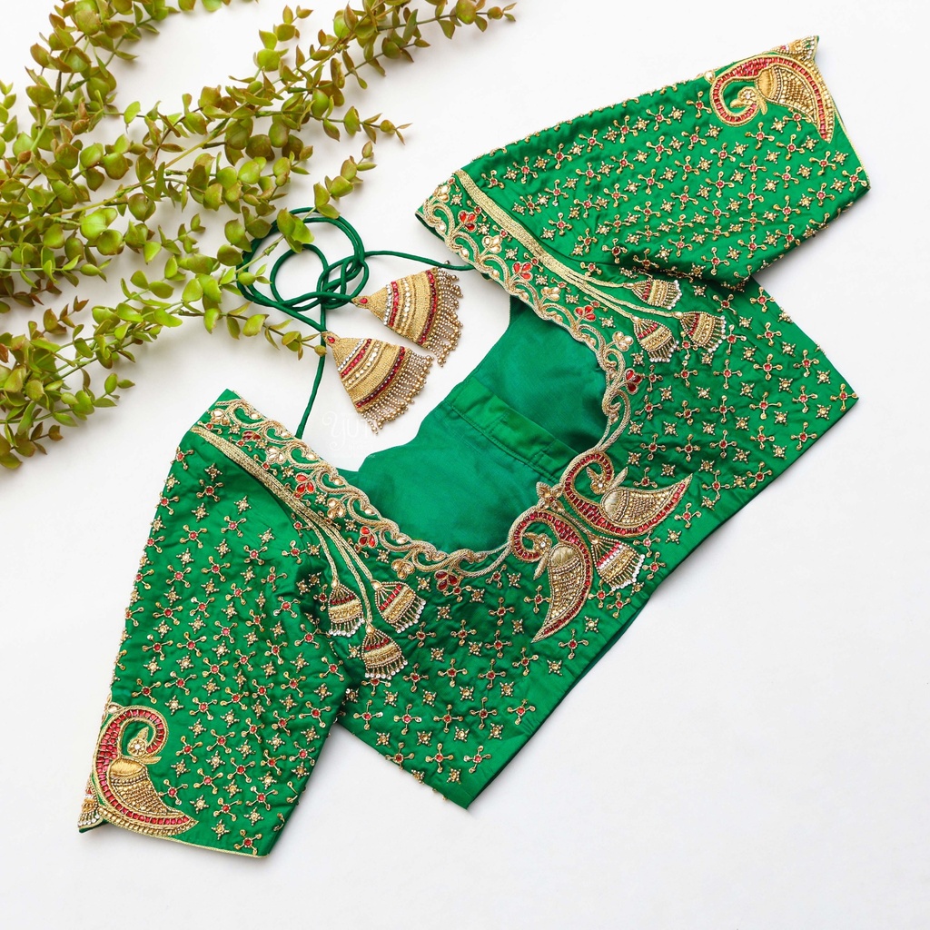 Feeling like a natural goddess in this stunning green bridal blouse Stitching