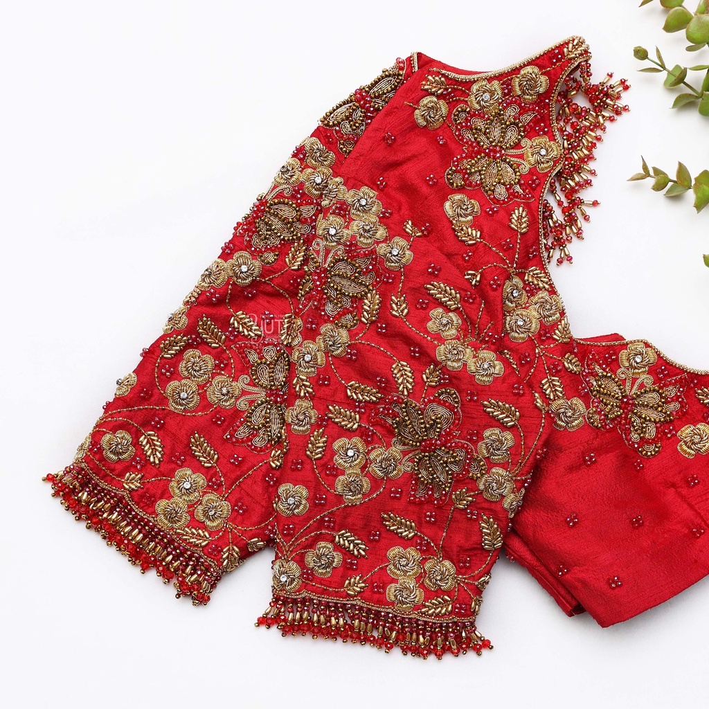 Fire Engine Red Embroidery bridal blouse Stitching