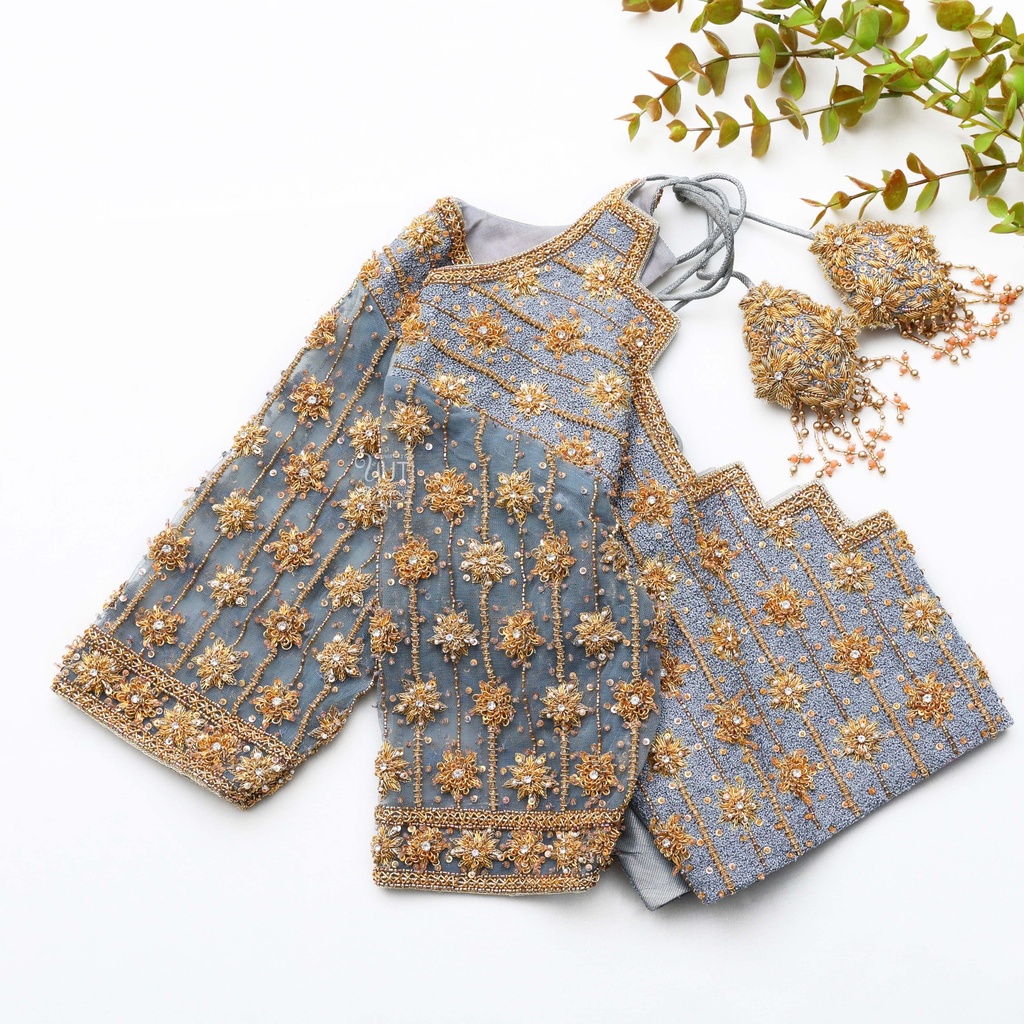 French Grey embroidery blouse Stitching