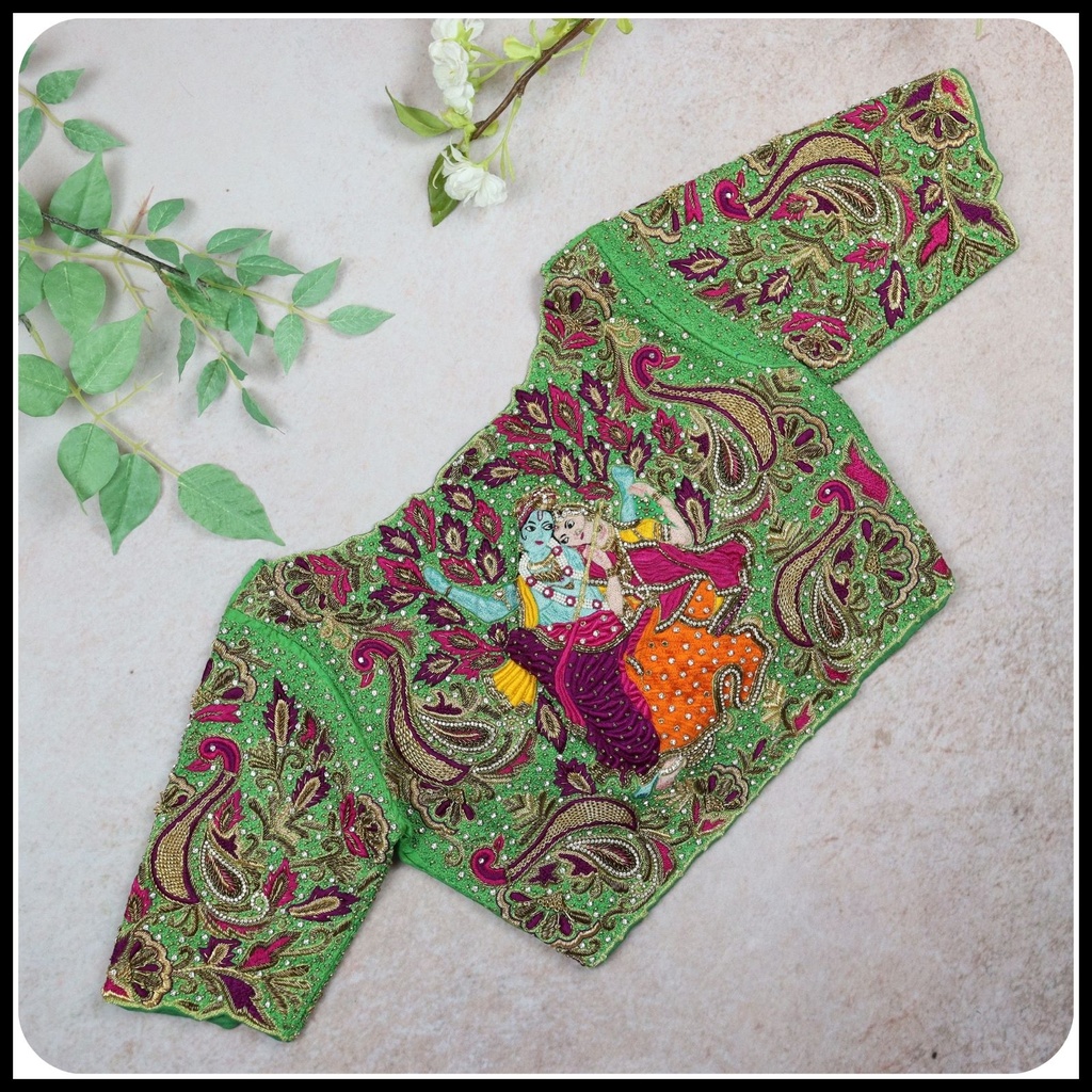 GREEN Floral and radha krishna  design  Stitching