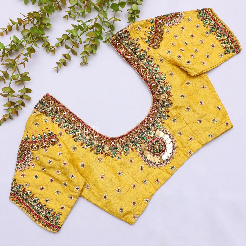 Golden Yellow Aari Bridal Blouse| SIZE 32(adjustable up to 28 - 34) Stitching