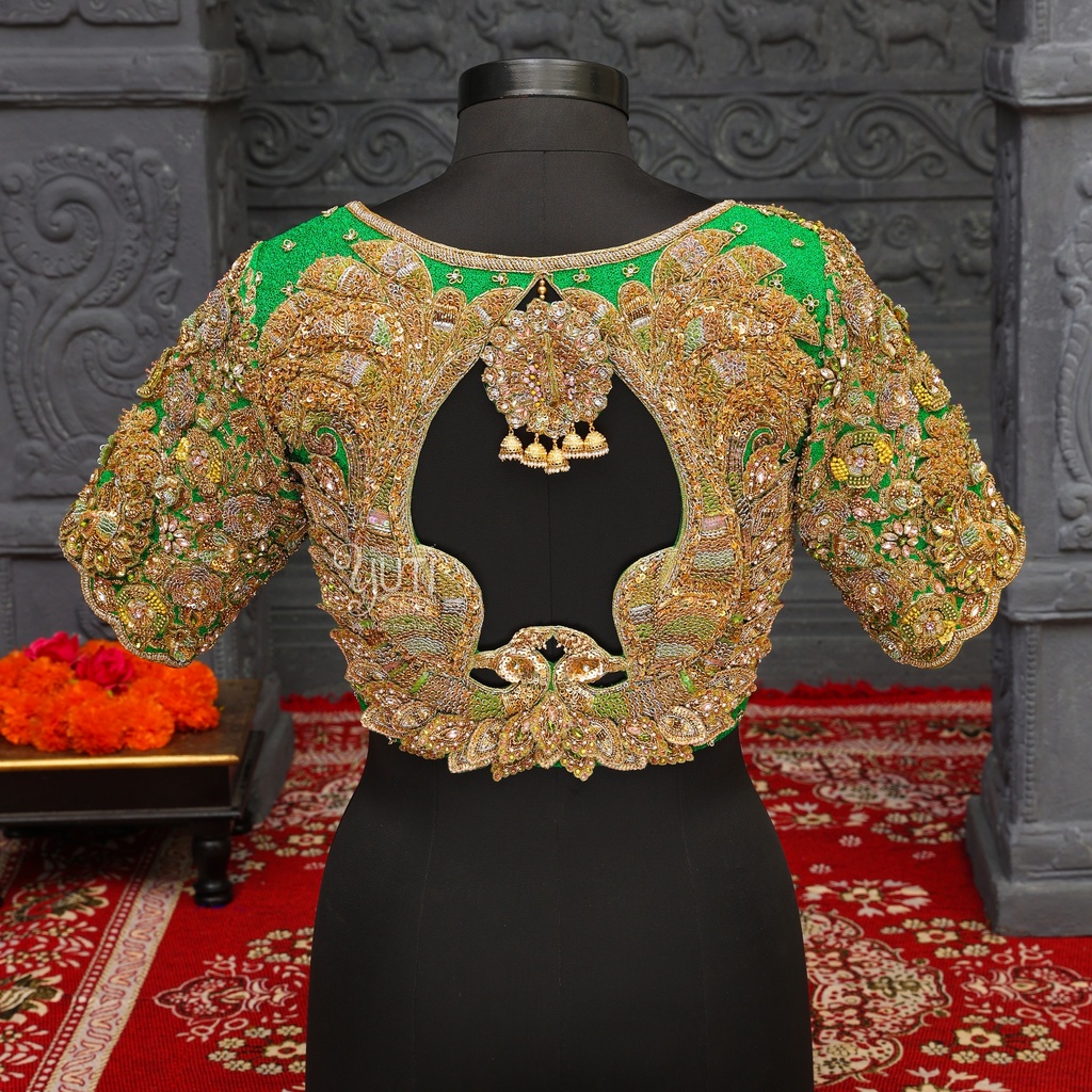 Green 3d Peacock bridal blouse Stitching