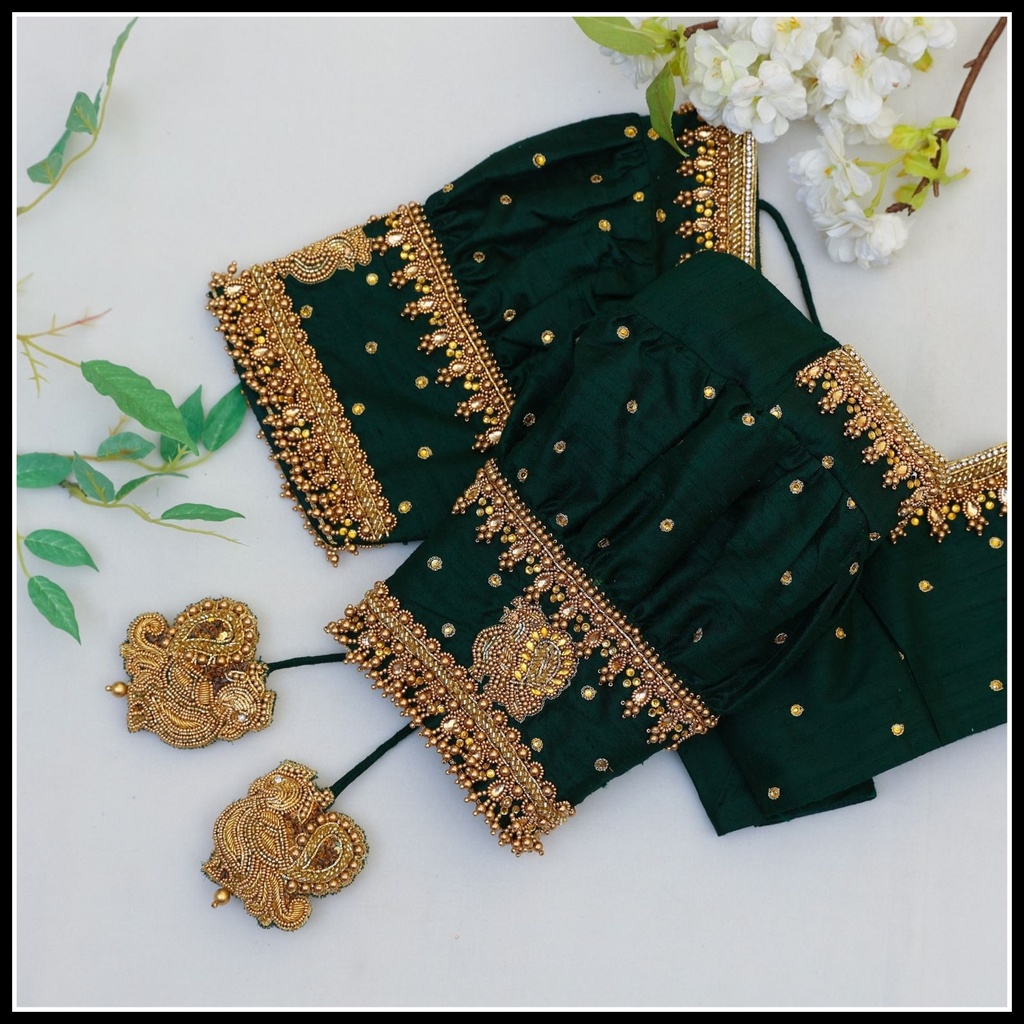 Green Bead Hanging With Peacock Motifs Design  Stitching