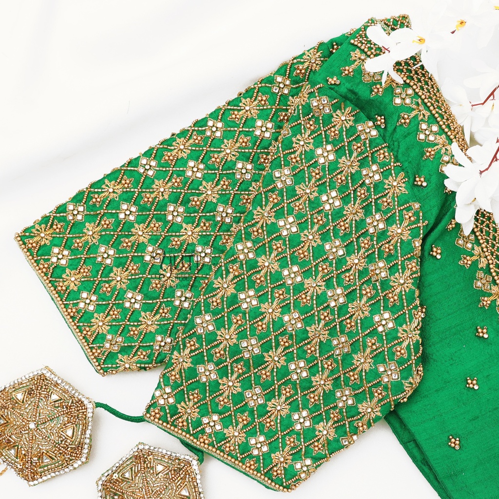 Green Checks floral design Stitching