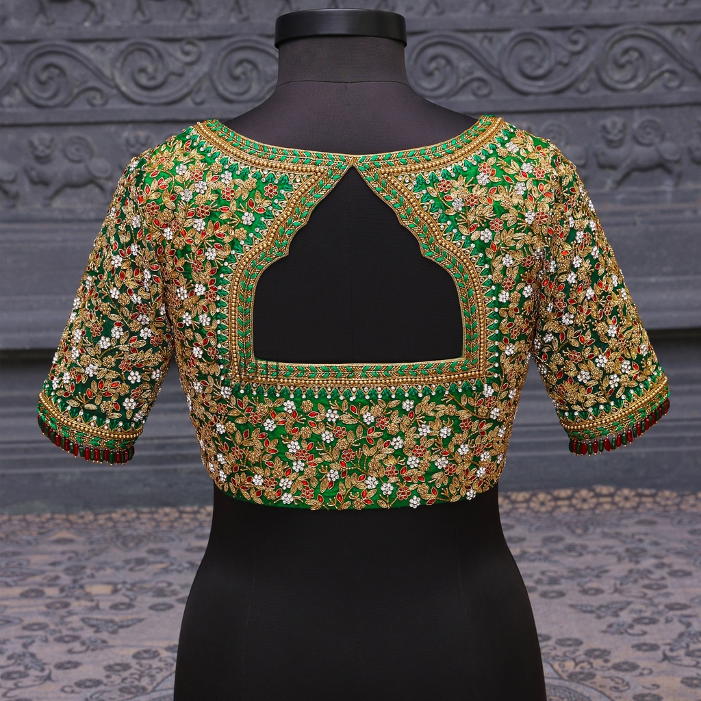 Green Floral Blouse Stitching