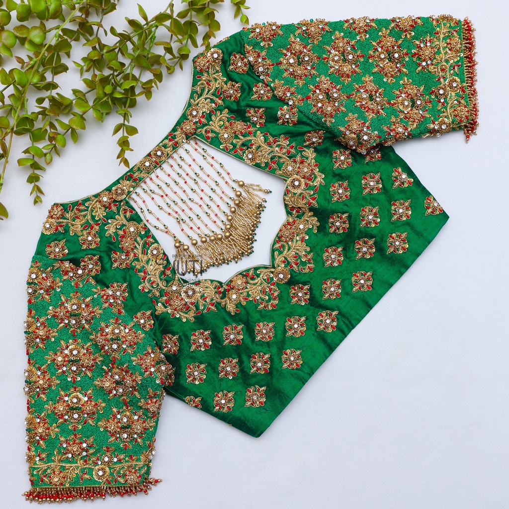 Green Floral Motif Bridal Blouse Stitching