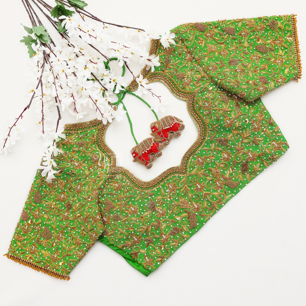 Green Heavy Embroidery Bridal  Blouse Stitching