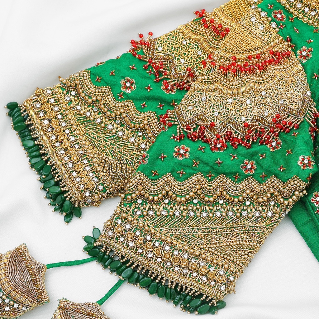 Green Navratna bridal blouse with gem hangings Stitching