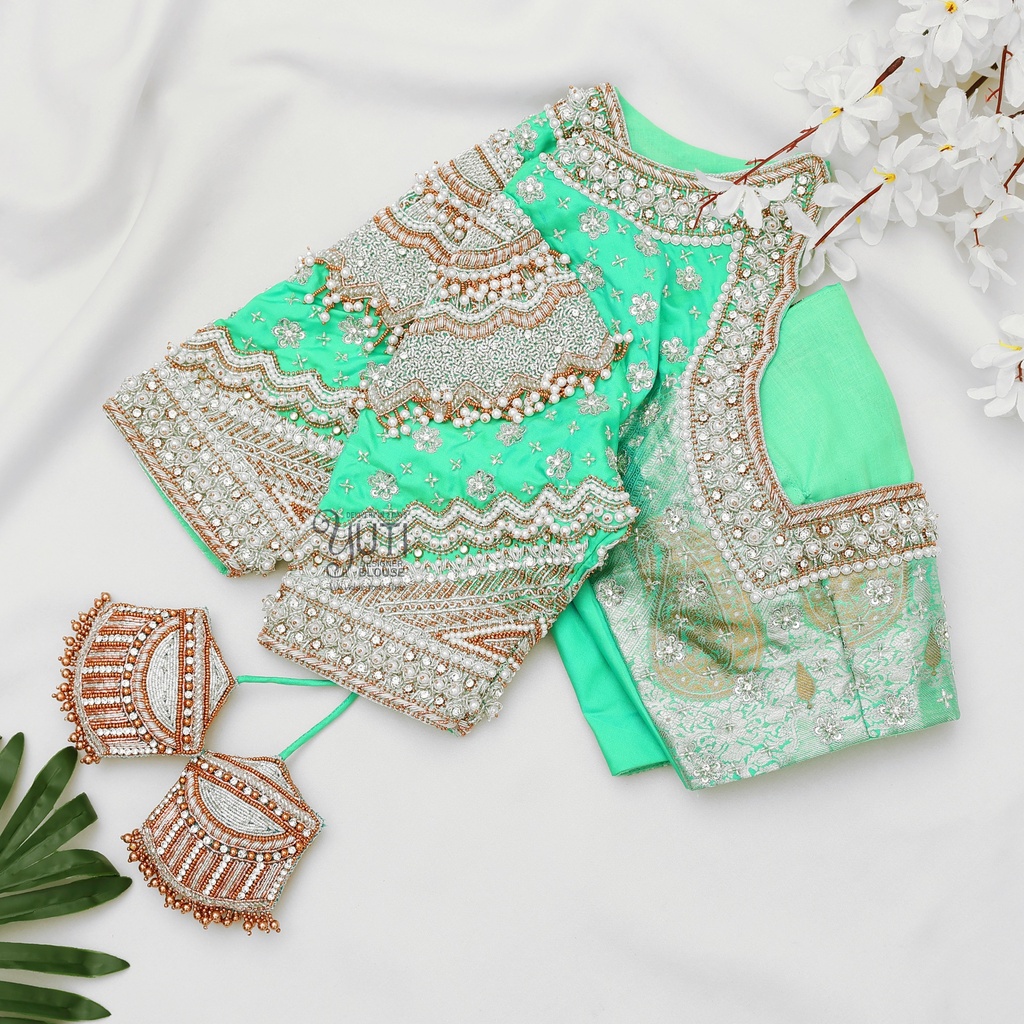 Green Navratna silver bridal blouse Stitching