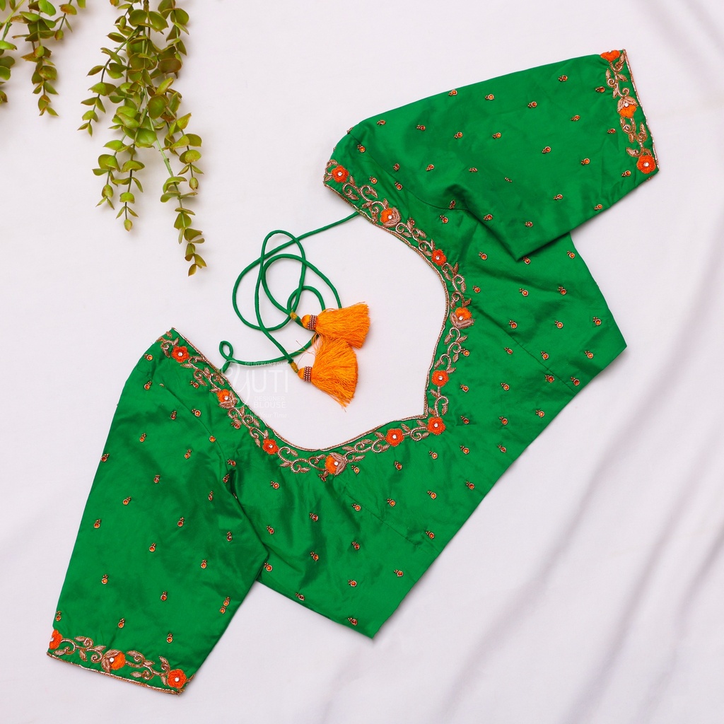 Green Open Neck Aari Work blouse |SIZE 38 (adjustable up to 34- 40) Stitching