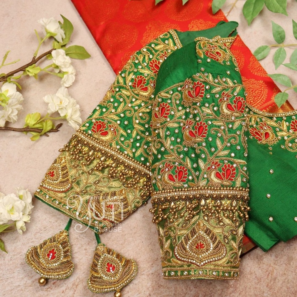 Green Peacock Design with Zari Highlight Stitching