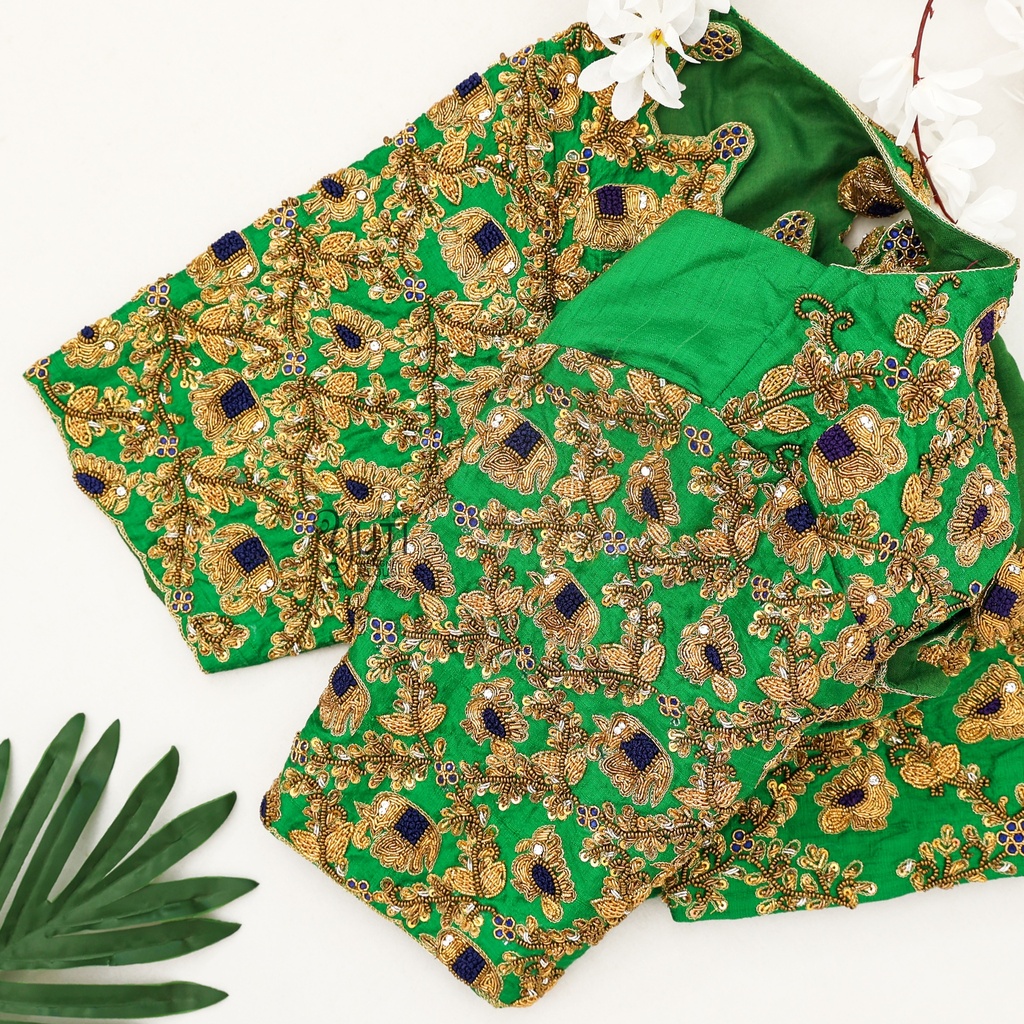 Green Peacock and elephant Blouse Stitching