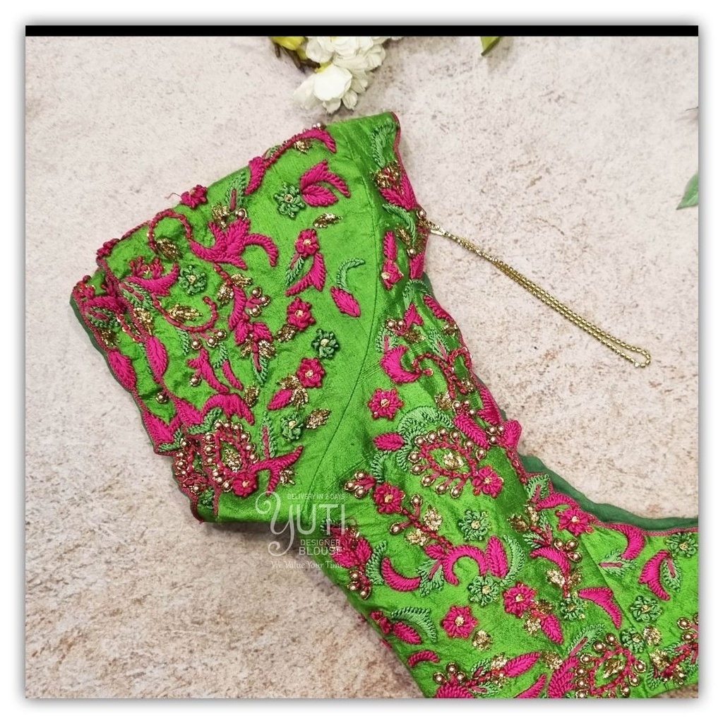 Green Pink Thread Floral Design Stitching