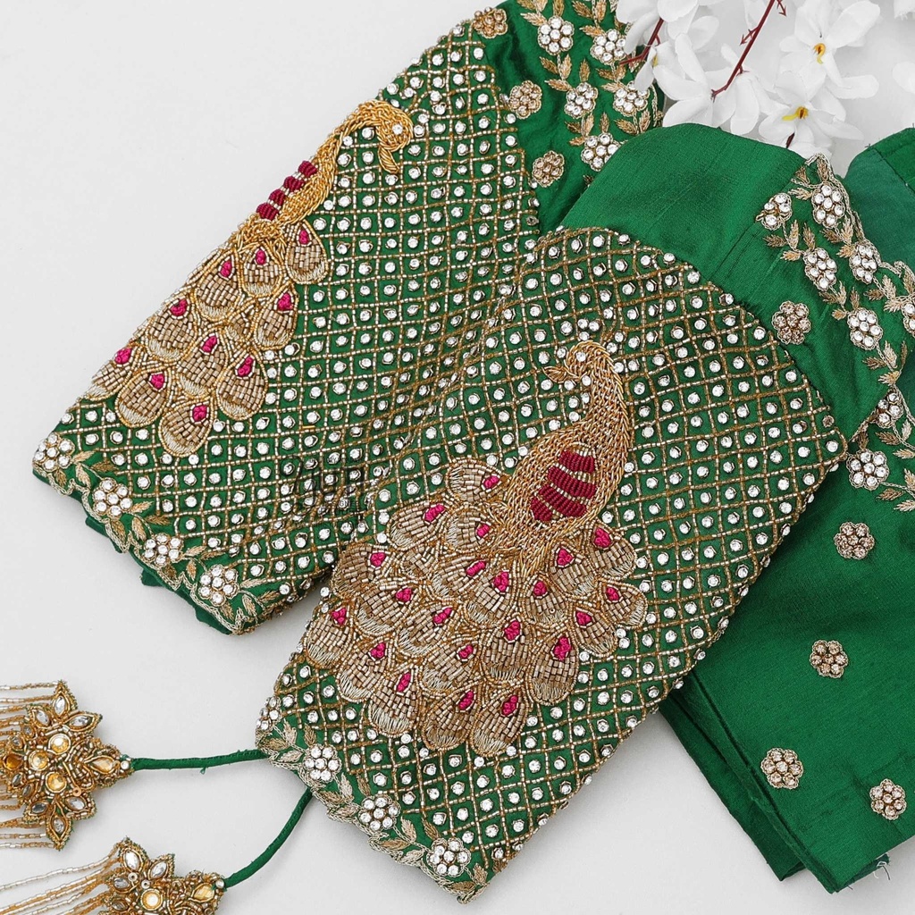 Green checked with peacock bridal blouse Stitching