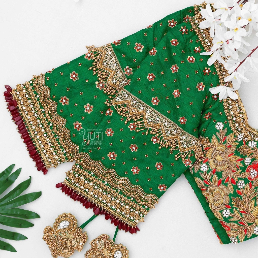 Green embossed floral bridal blouse Stitching