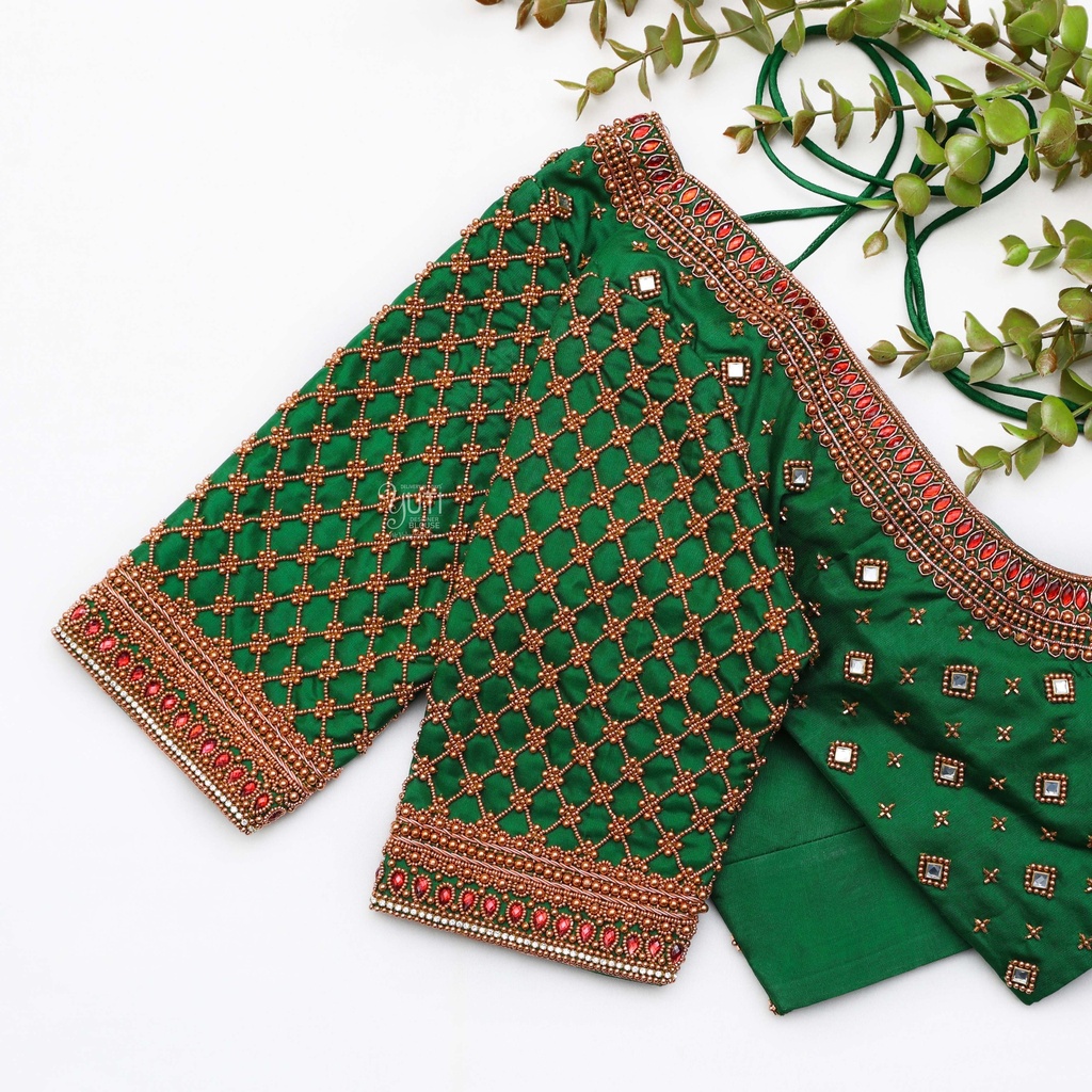 Green embroidery bridal blouse Stitching