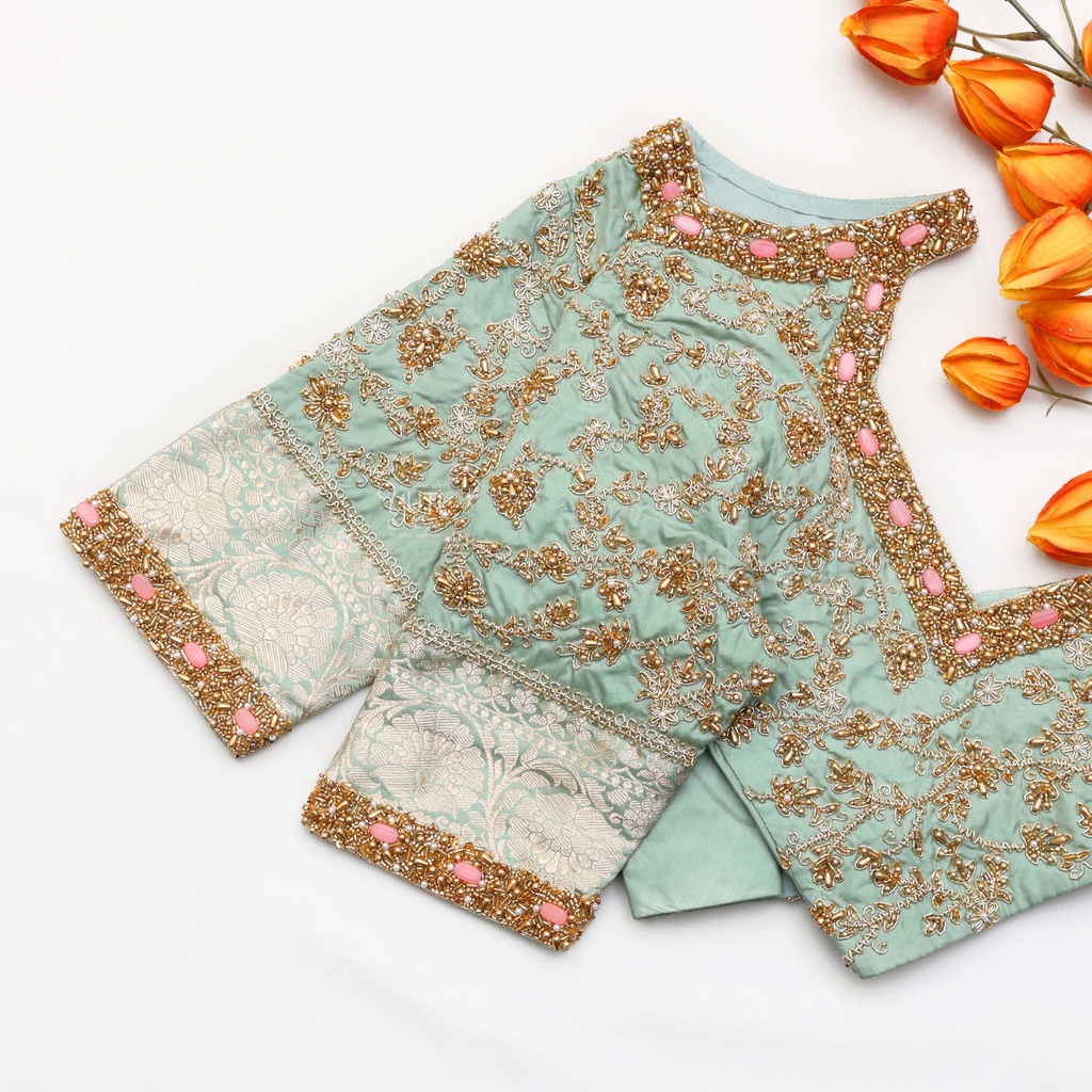 Grey Asparagus embroidery blouse Stitching