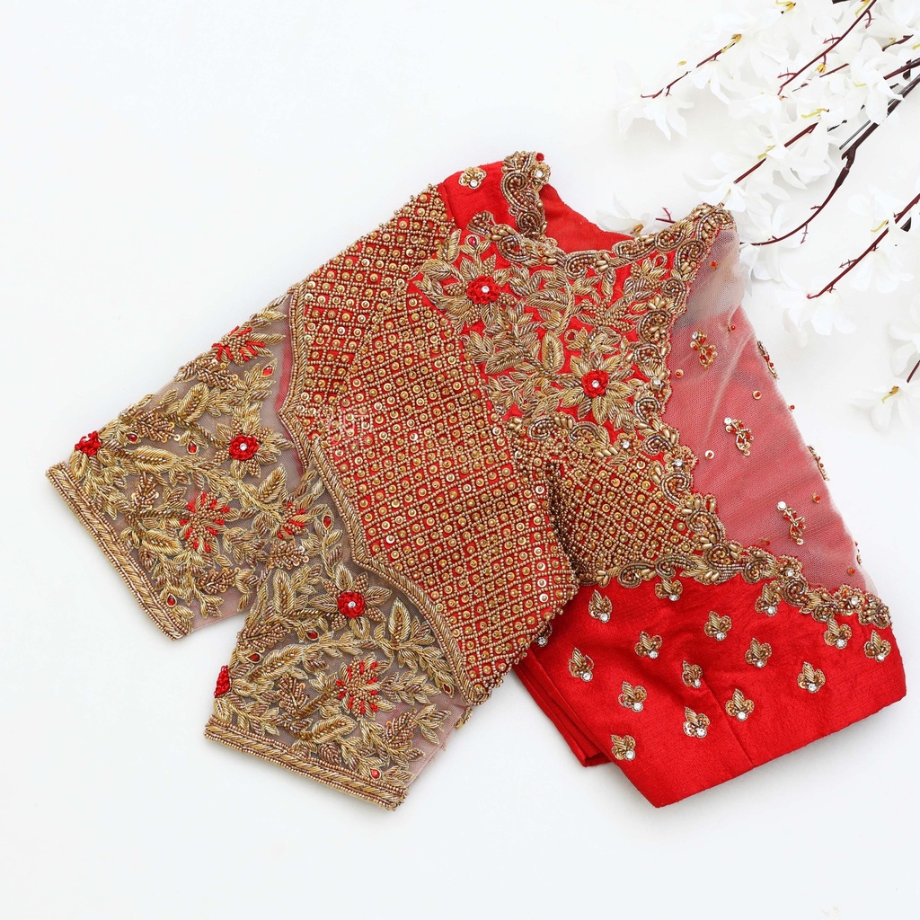 Introducing our exquisite Guardsman Red embroidery blouse Stitching